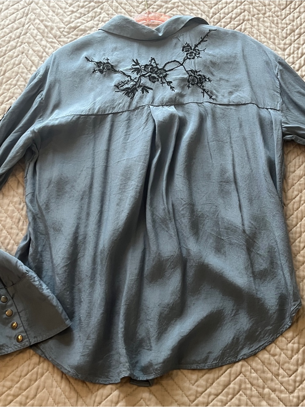 Free People Light Blue Snap Shirt with Black Floral Embroidery - Picture 9 of 10